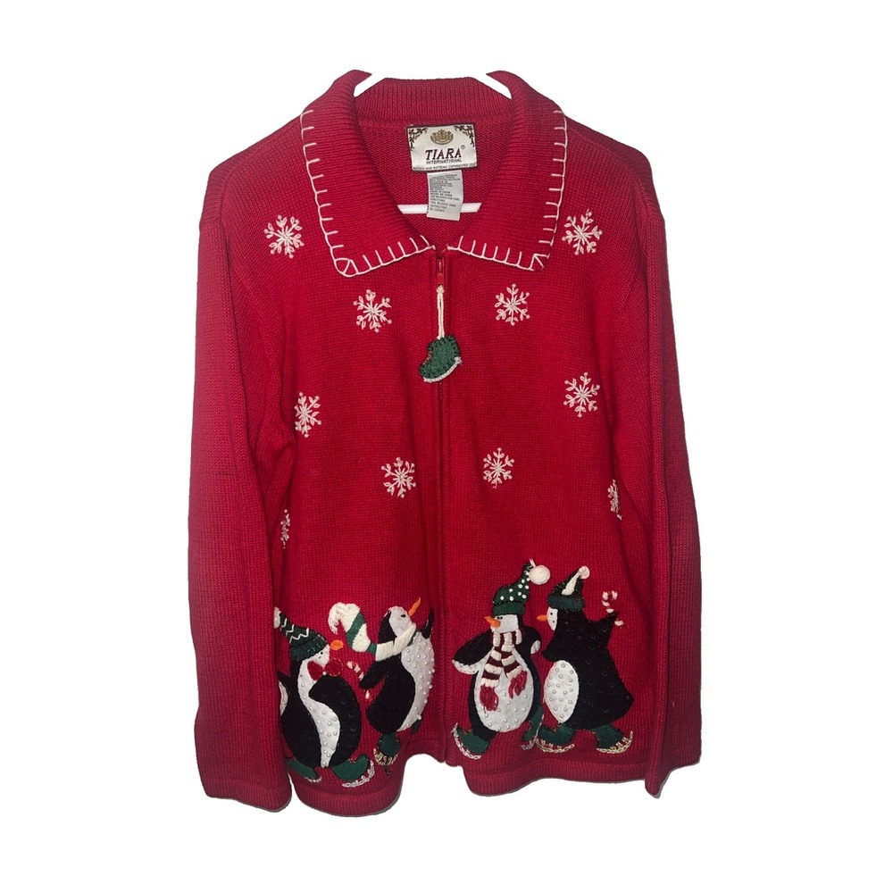 Tiara International Red Christmas Cardigan Penguins Snowflakes Size Medium